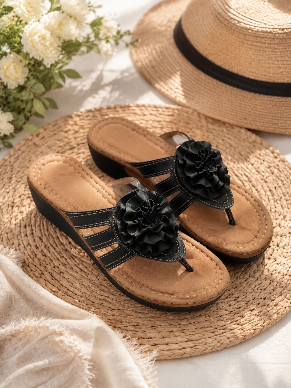 NWOT Black Floral Thong Wedge Sandals - Women Sz 6.5